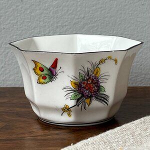 Rare C1940s Melba Bone China England Octagonal Bowl Butterfly Flowers